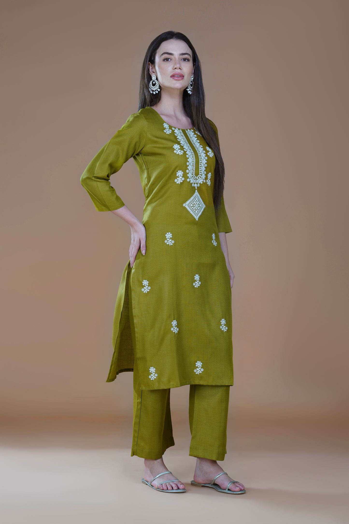 Olive Enchantment 3-Piece Poly Cotton Lucknowi Chikankari Suit