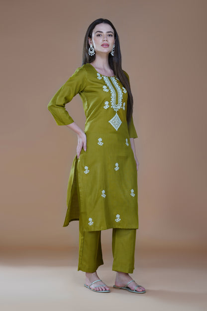 Olive Enchantment 3-Piece Poly Cotton Lucknowi Chikankari Suit