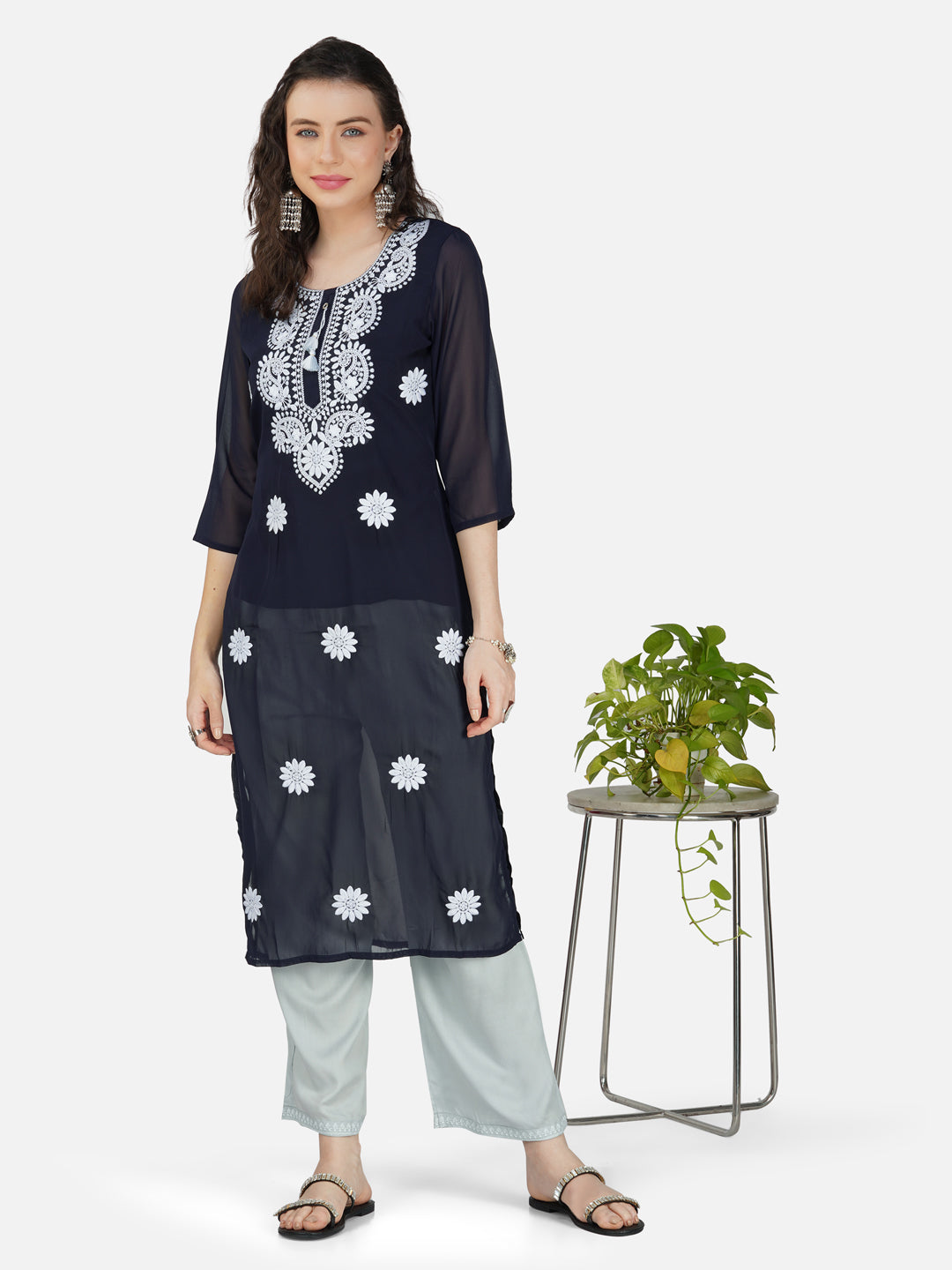 Elegant Navy Blue Lucknowi Chikankari Embroidered Kurta Set