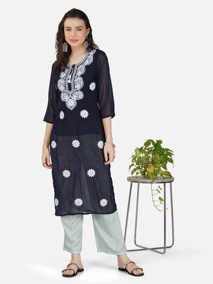Elegant Navy Blue Lucknowi Chikankari Embroidered Kurta Set