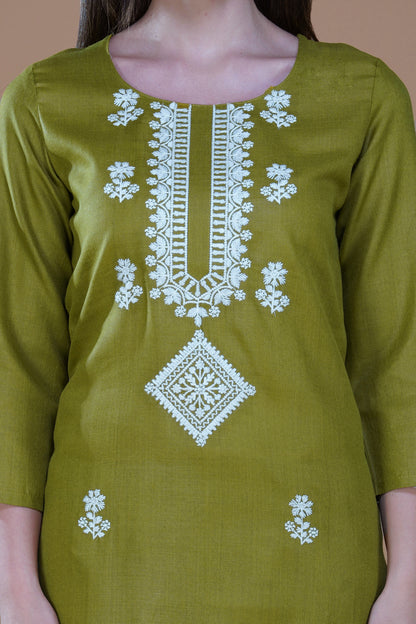 Olive Enchantment 3-Piece Poly Cotton Lucknowi Chikankari Suit