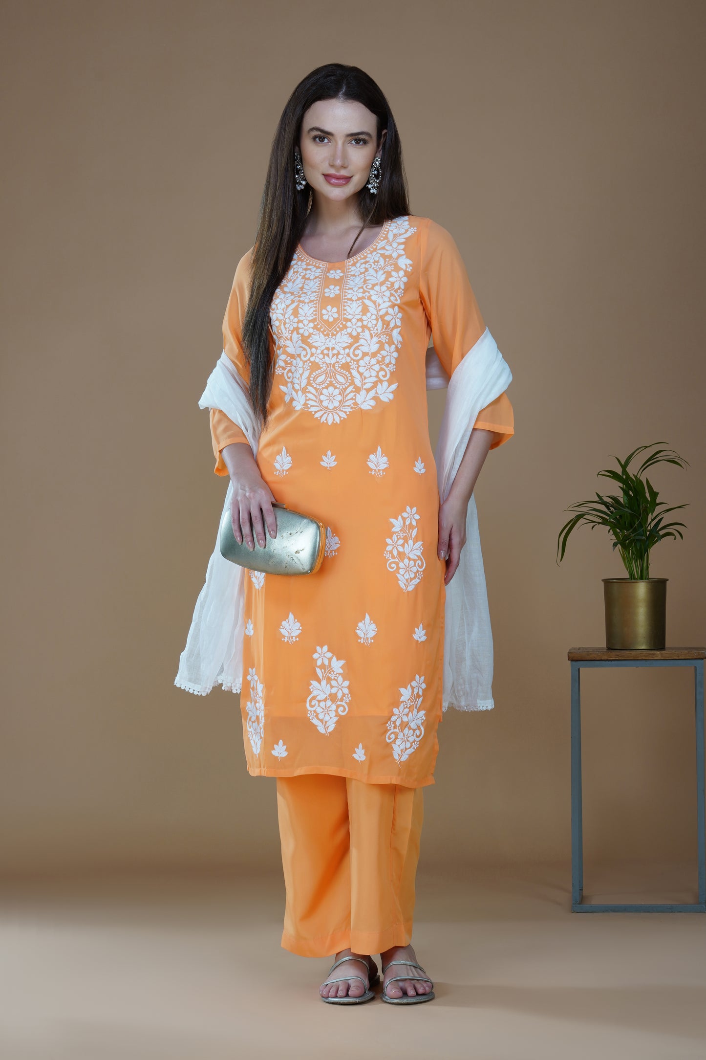 Vibrant Orange Georgette 3-Piece Handcrafted Lucknowi Chikankari Suit