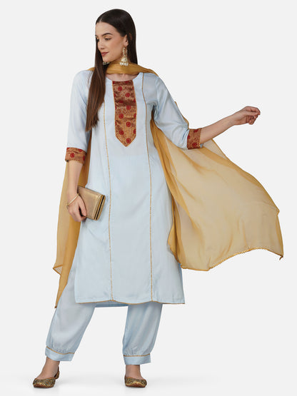 Light Blue Benarasi Border Straight Kurta Set