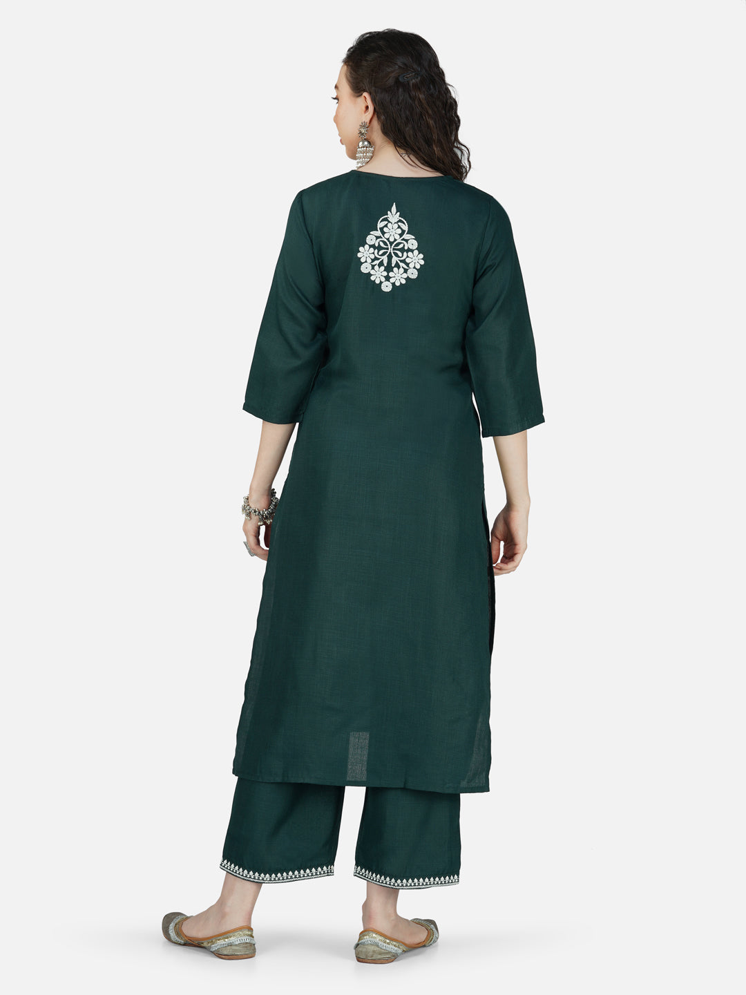 Dark Green Lucknowi Chikankari Embroidered Kurta Set