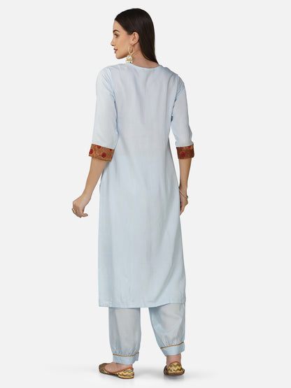 Light Blue Benarasi Border Straight Kurta Set