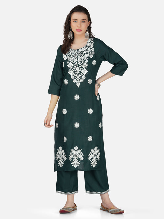 Aqua Blue Lucknowi Chikankari Embroidered Kurta Set