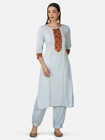 Light Blue Benarasi Border Straight Kurta Set