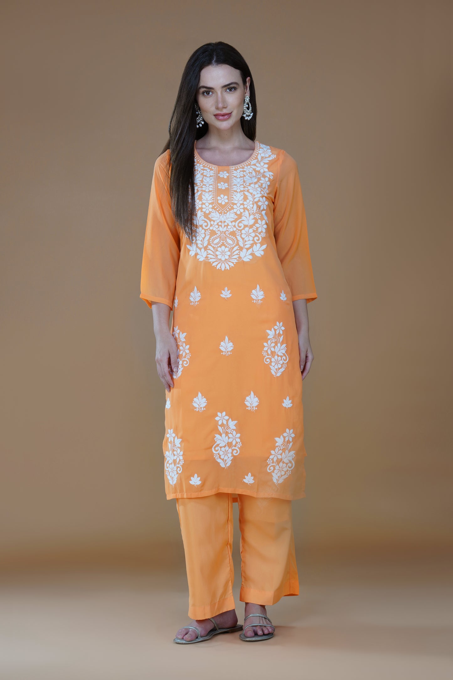 Vibrant Orange Georgette Lucknowi Chikankari Suit