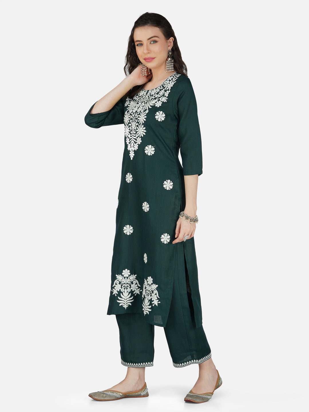 Dark Green Lucknowi Chikankari Embroidered Kurta Set