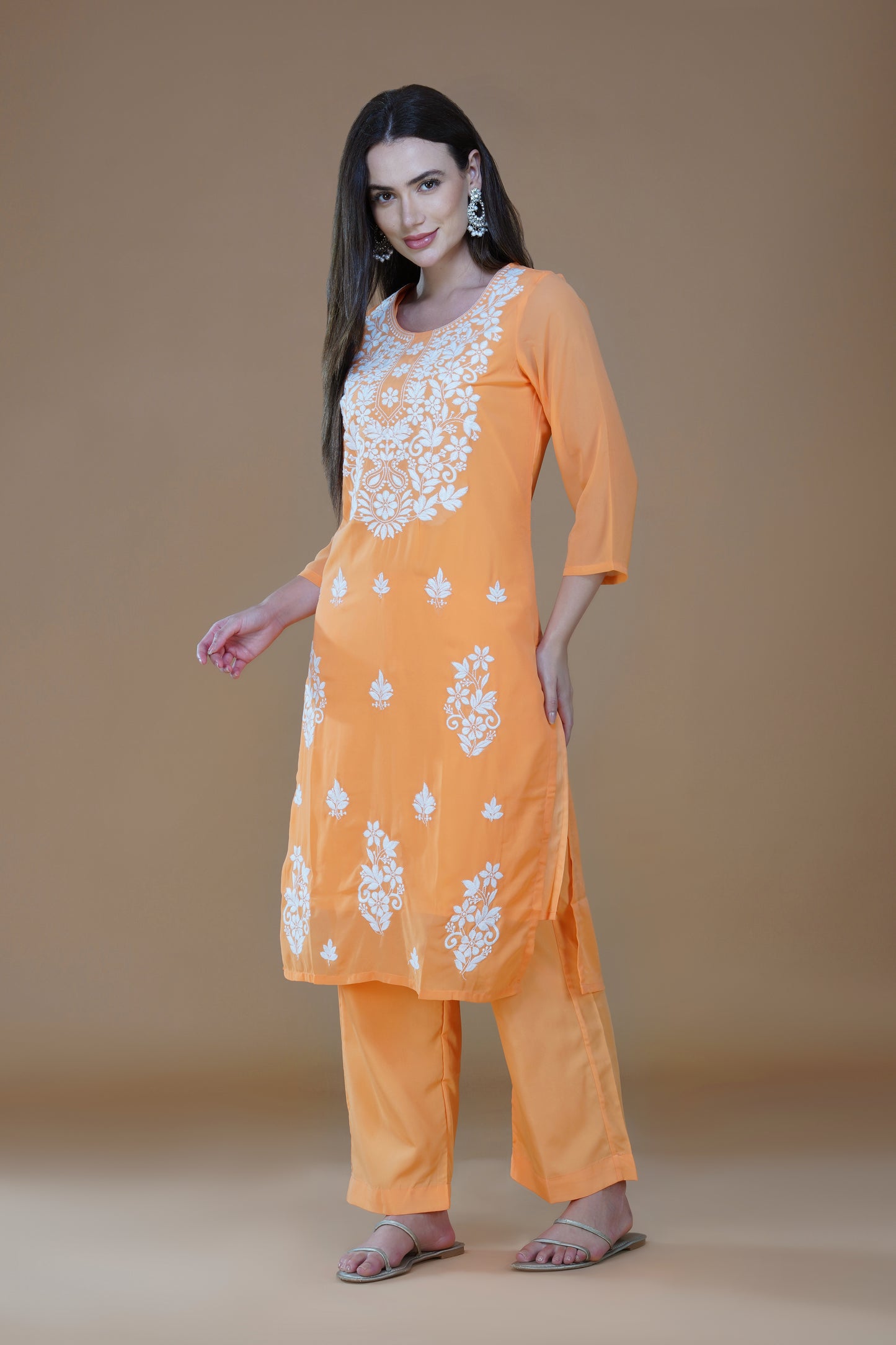 Vibrant Orange Georgette Lucknowi Chikankari Suit