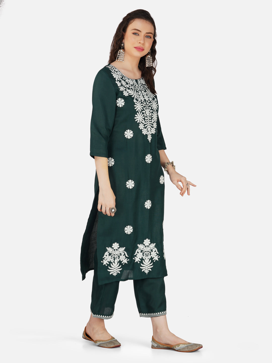 Dark Green Lucknowi Chikankari Embroidered Kurta Set