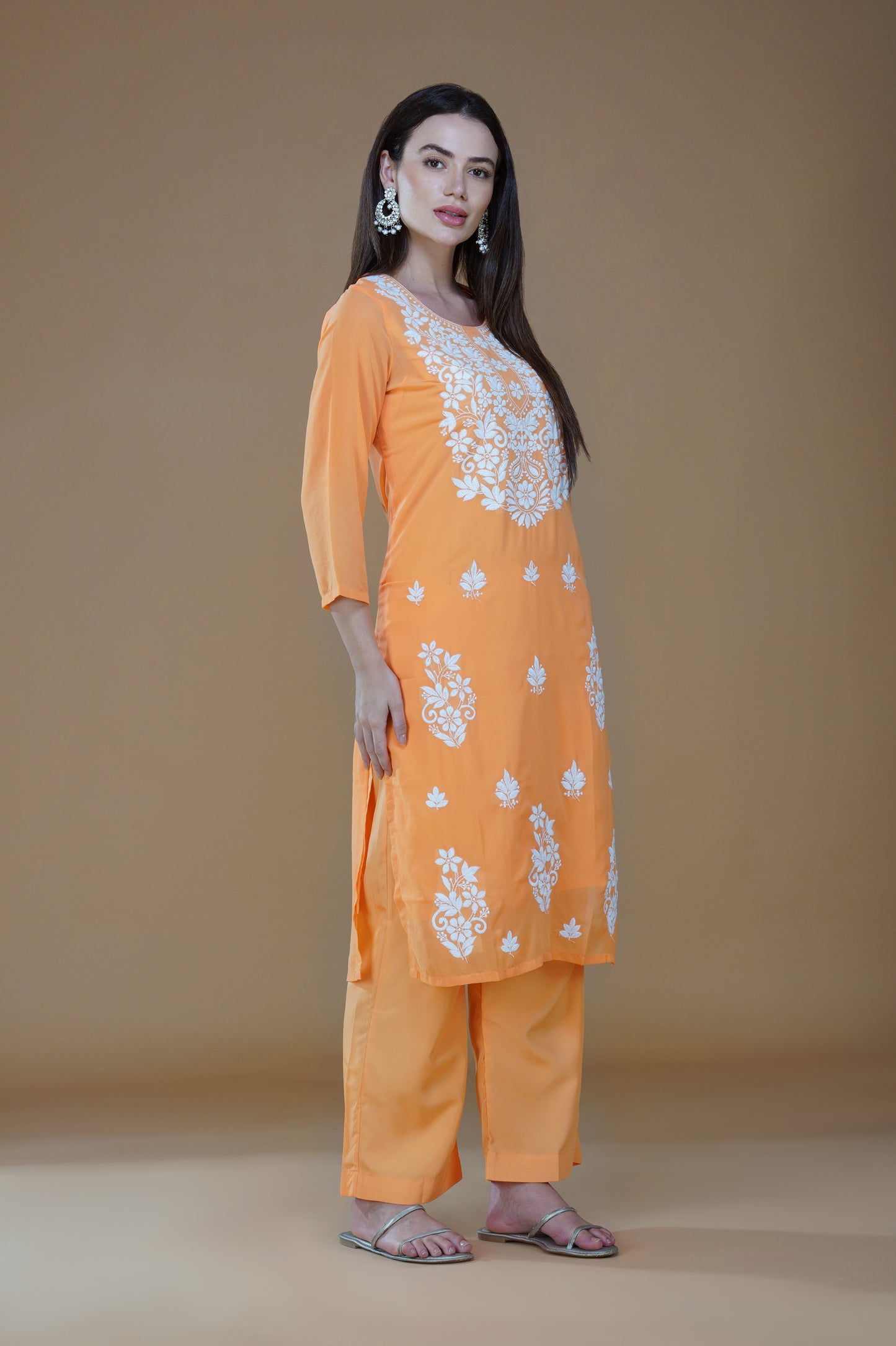 Vibrant Orange Georgette Lucknowi Chikankari Suit