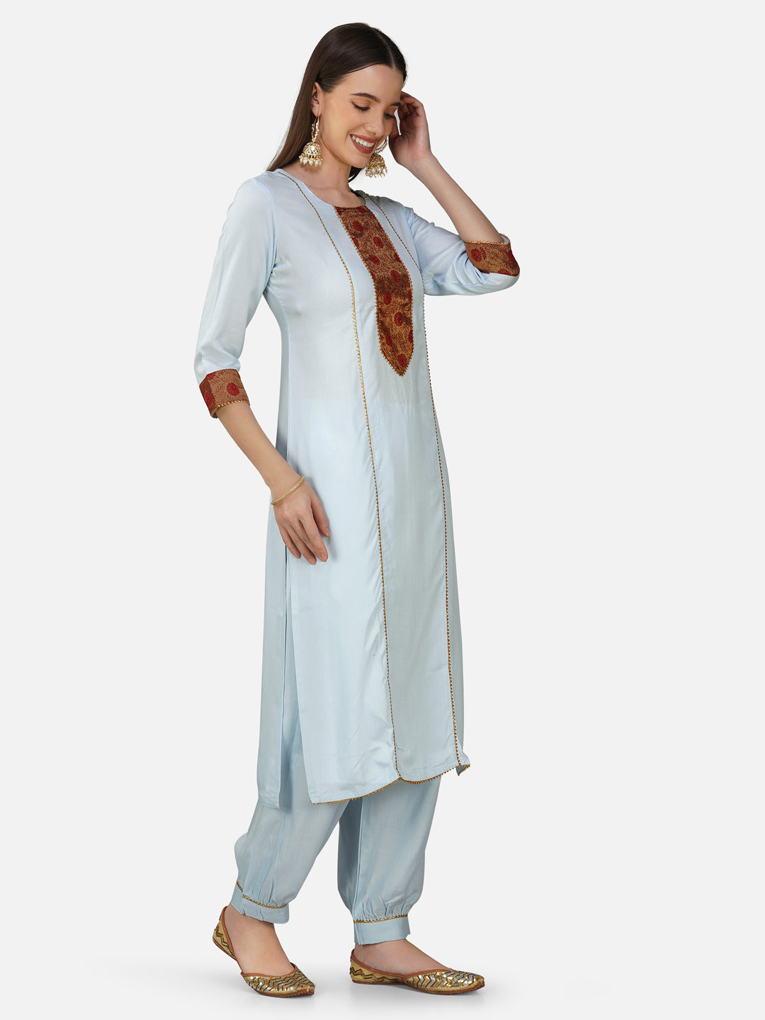 Light Blue Benarasi Border Straight Kurta Set