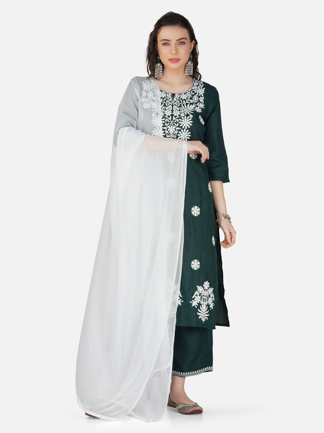 Dark Green Lucknowi Chikankari Embroidered Kurta Set