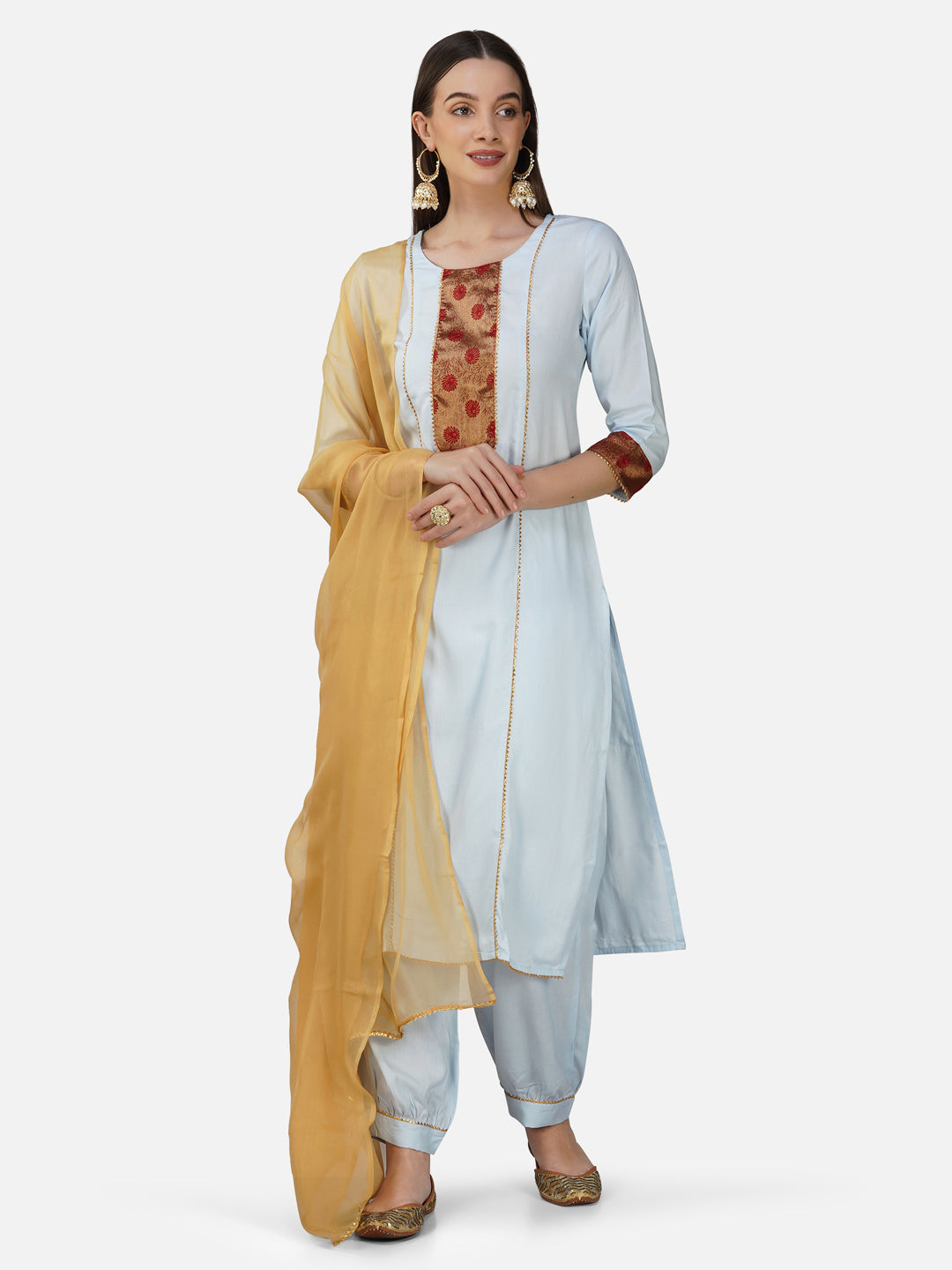 Light Blue Benarasi Border Straight Kurta Set