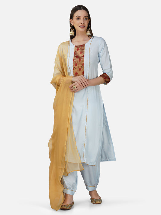 Light Blue Benarasi Border Straight Kurta Set