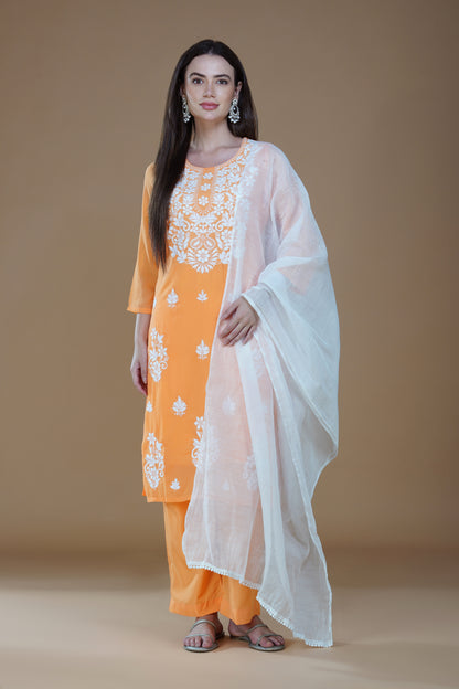 Vibrant Orange Georgette Lucknowi Chikankari Suit