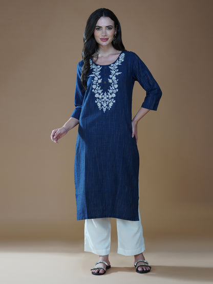 Indigo Blue Lucknowi Chikankari Khadi Cotton Kurta