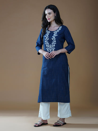 Indigo Blue Lucknowi Chikankari Khadi Cotton Kurta