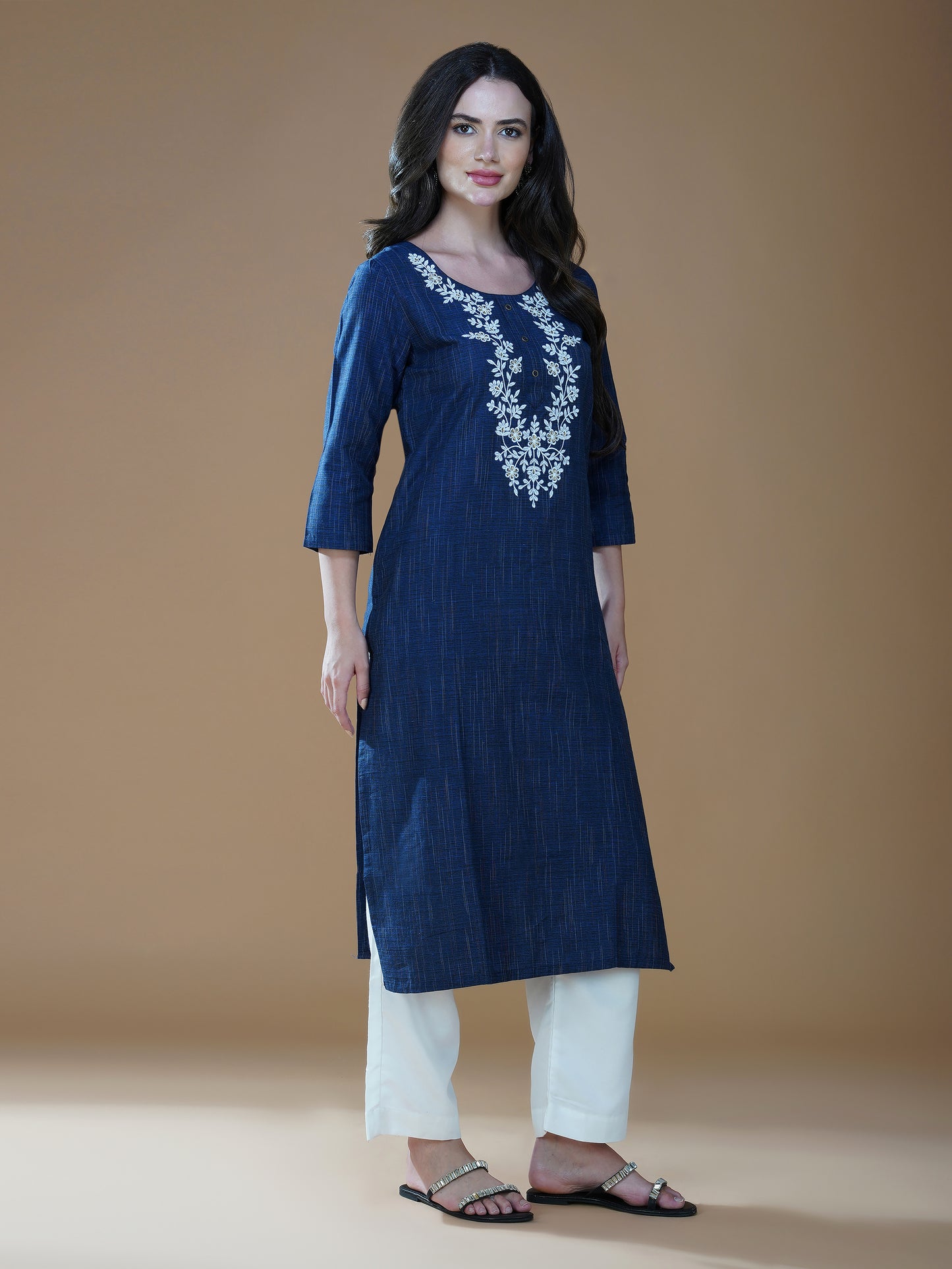 Indigo Blue Lucknowi Hand Chikankari Khadi Cotton Kurta