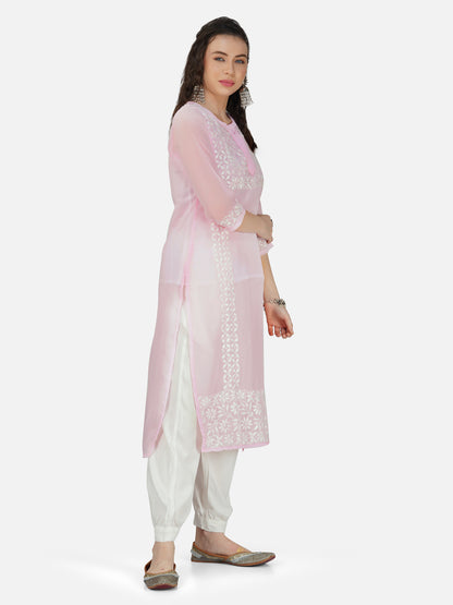 Rose Quartz Lucknowi Chikankari Embroidered Straight Kurta Set