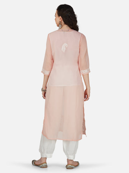 Peach Blossom Lucknowi Chikankari Embroidered Straight Kurta Set