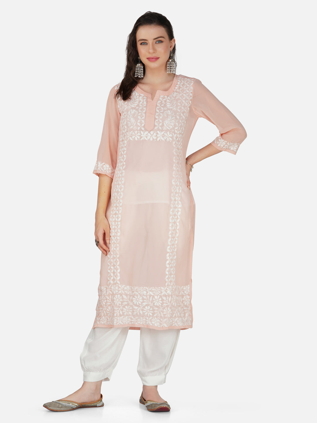 Peach Blossom Lucknowi Chikankari Embroidered Straight Kurta Set