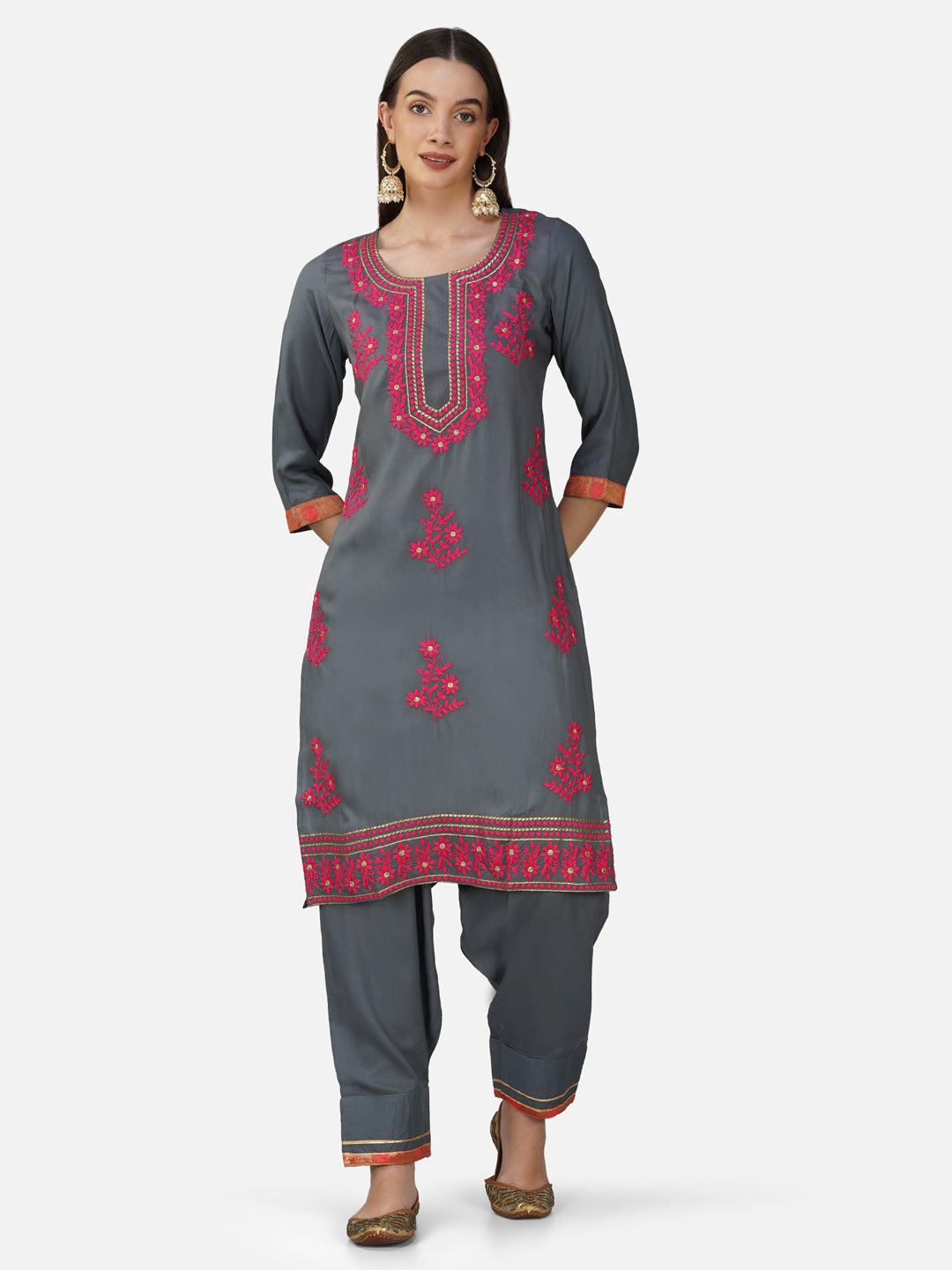 Charcoal Grey and Pink Chikankari Embroidered Straight Kurta Set