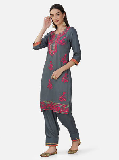 Charcoal Grey and Pink Chikankari Embroidered Straight Kurta Set