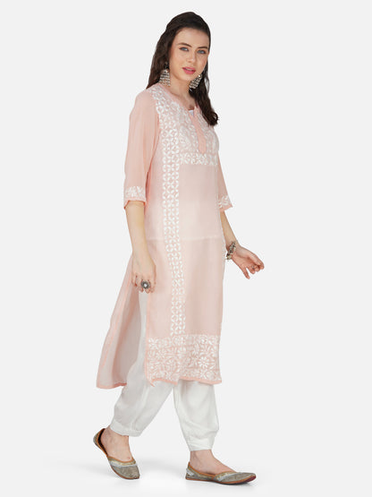 Peach Blossom Lucknowi Chikankari Embroidered Straight Kurta Set