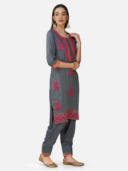 Charcoal Grey and Pink Chikankari Embroidered Straight Kurta Set