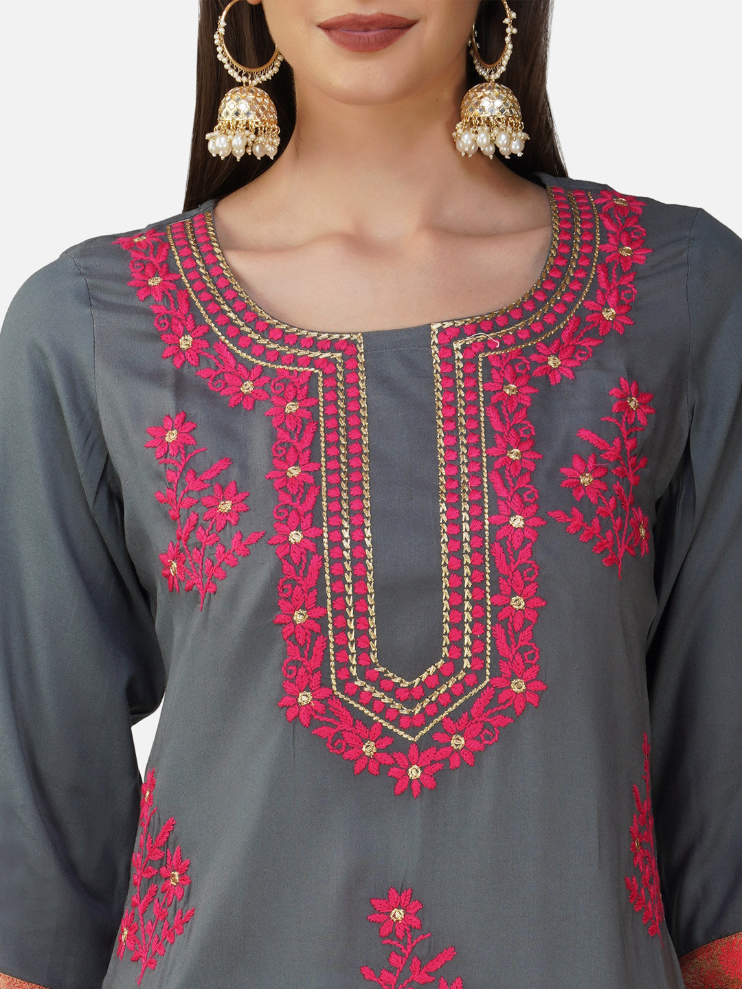 Charcoal Grey and Pink Chikankari Embroidered Straight Kurta Set