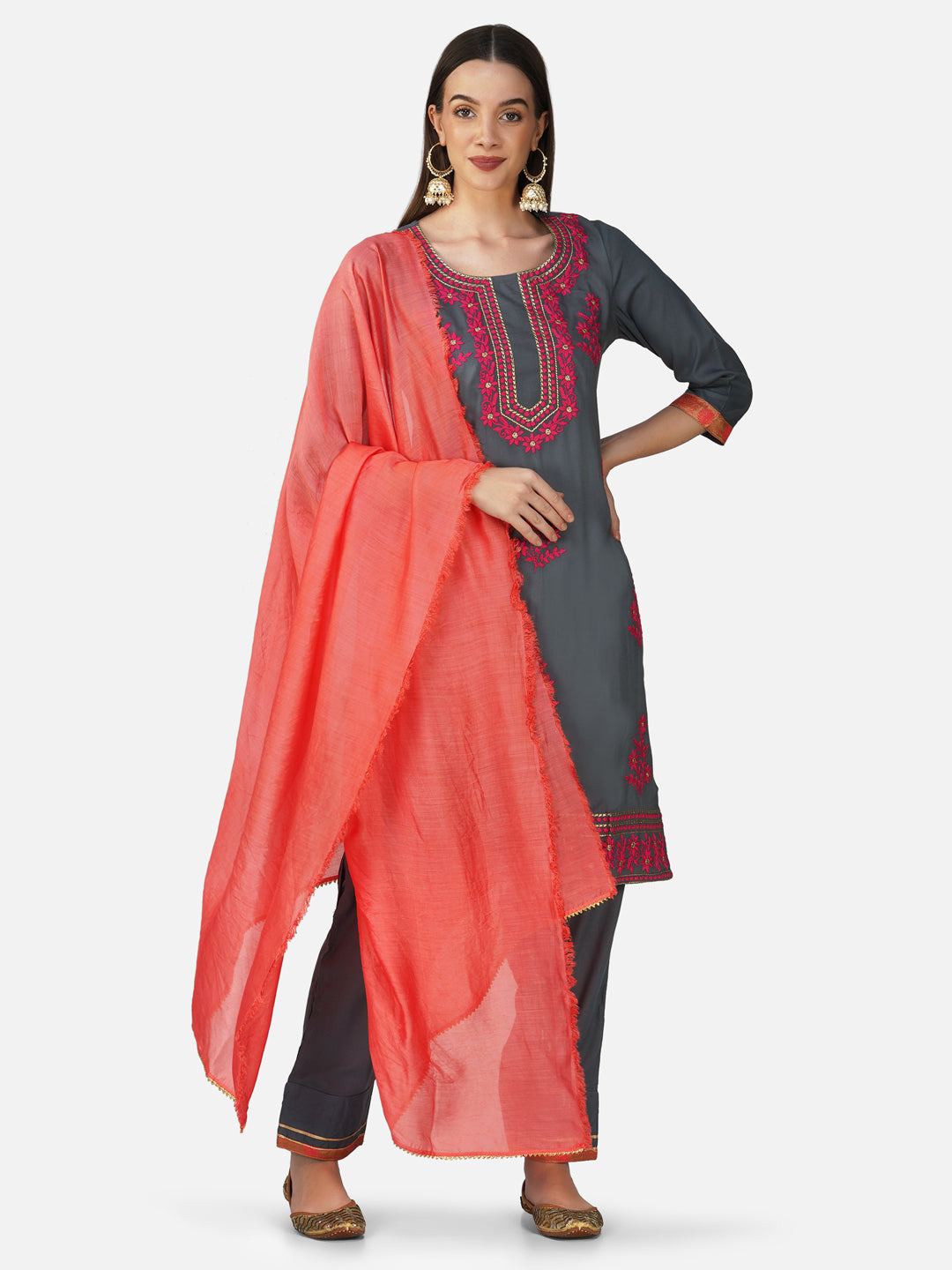 Charcoal Grey and Pink Hand Chikankari Embroidered Straight Kurta Set