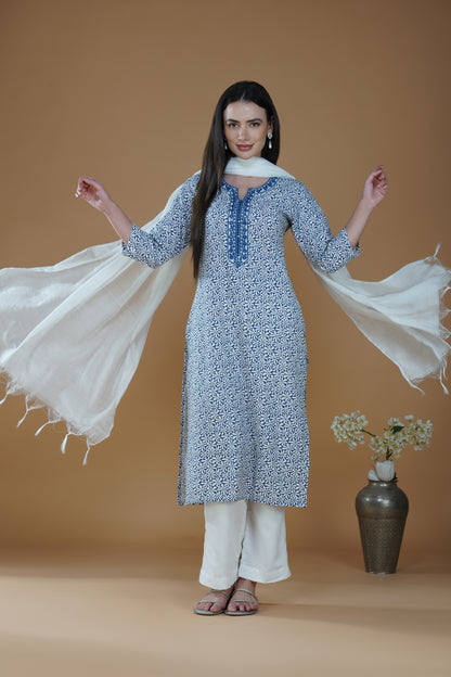 Indigo Cotton Kurti with Intricate Embroidery