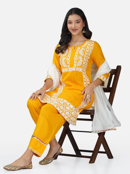 Golden Yellow Floral Chikankari Kurta Set