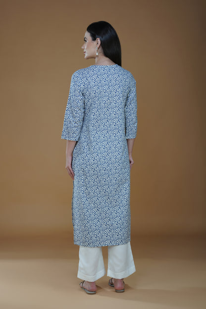 Indigo Cotton Kurti with Intricate Embroidery