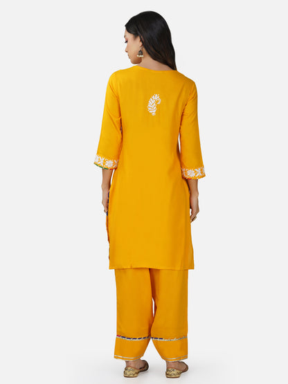 Golden Yellow Floral Chikankari Kurta Set