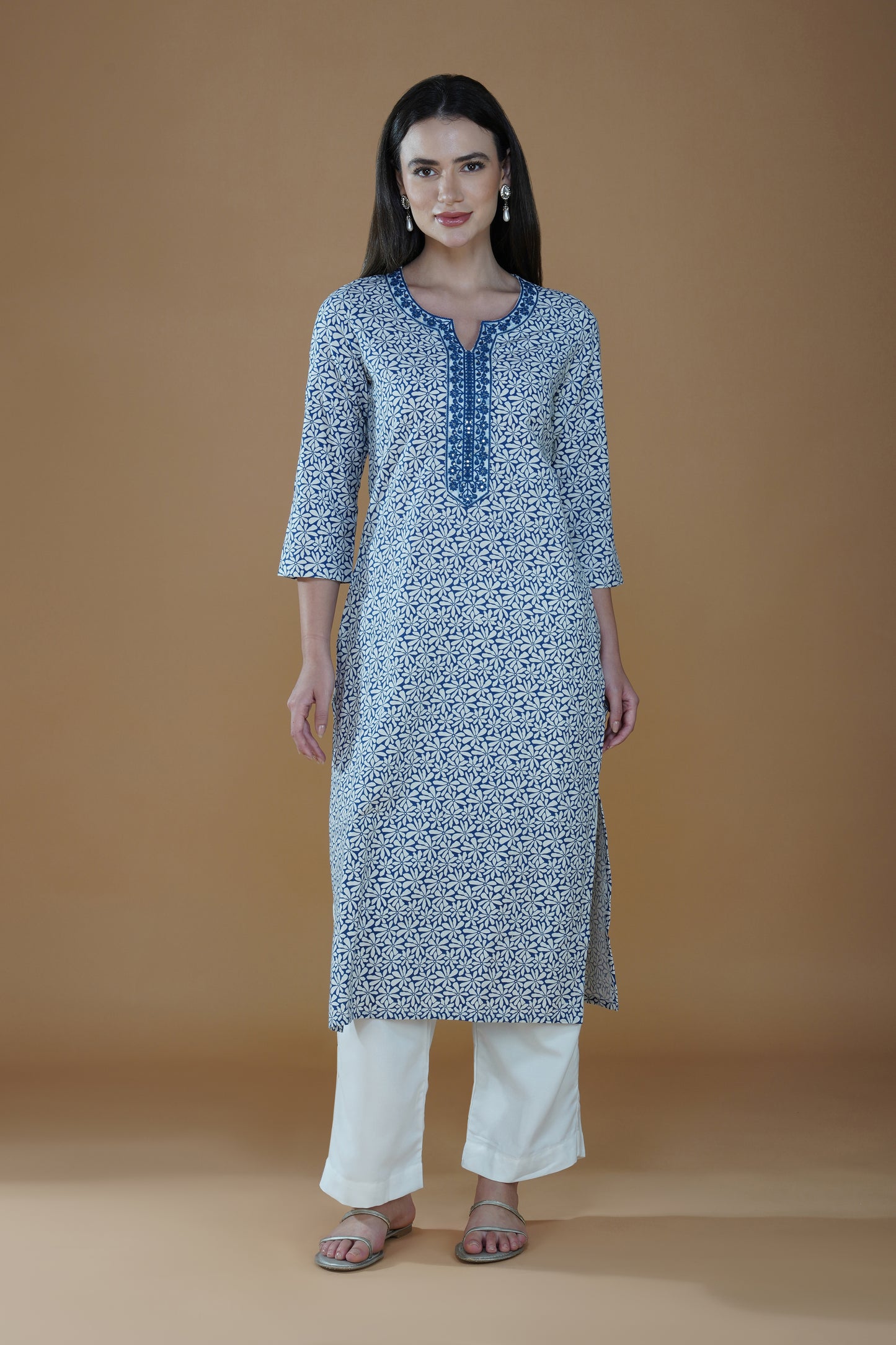 Indigo Cotton Kurti with Intricate Embroidery