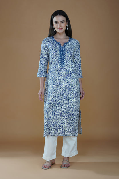 Indigo Cotton Kurti with Intricate Embroidery