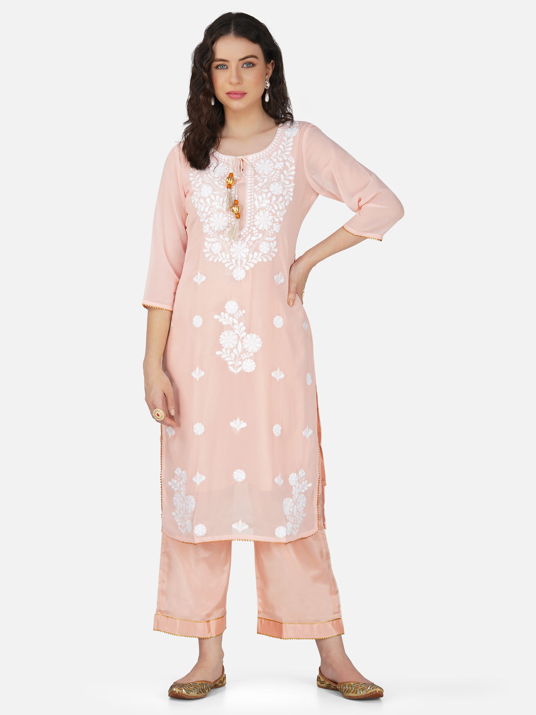 Peach Floral Lucknowi Chikankari Embroidered Kurta Set