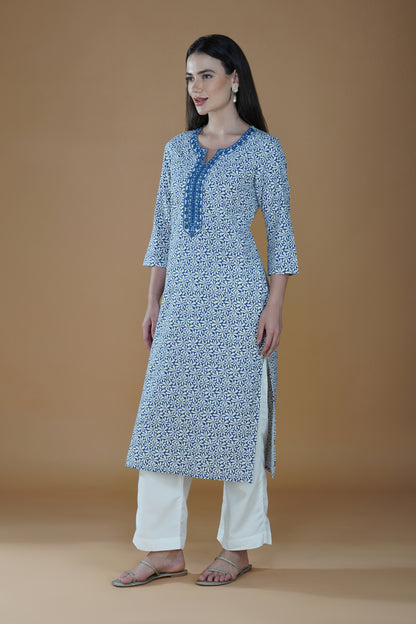 Indigo Cotton Kurti with Intricate Embroidery