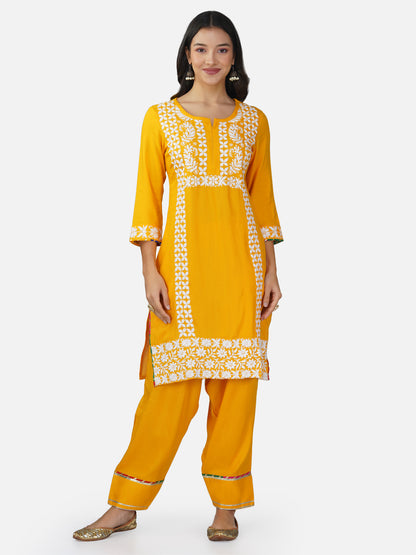 Golden Yellow Floral Hand Chikankari Kurta Set