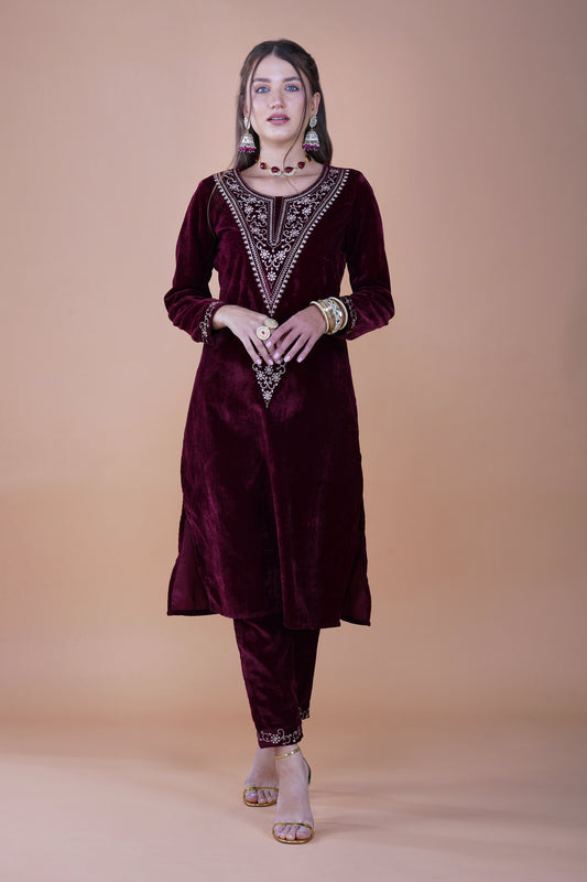 Opulent Maroon Velvet Handcrafted Suit