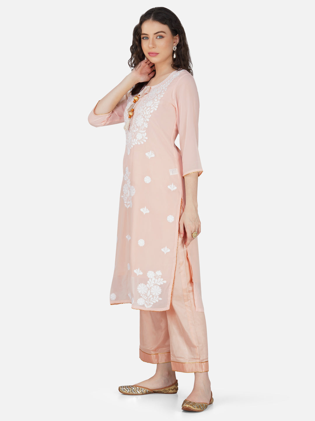 Peach Floral Lucknowi Chikankari Embroidered Kurta Set