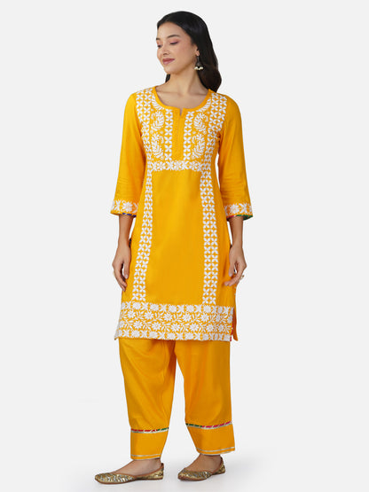 Golden Yellow Floral Chikankari Kurta Set