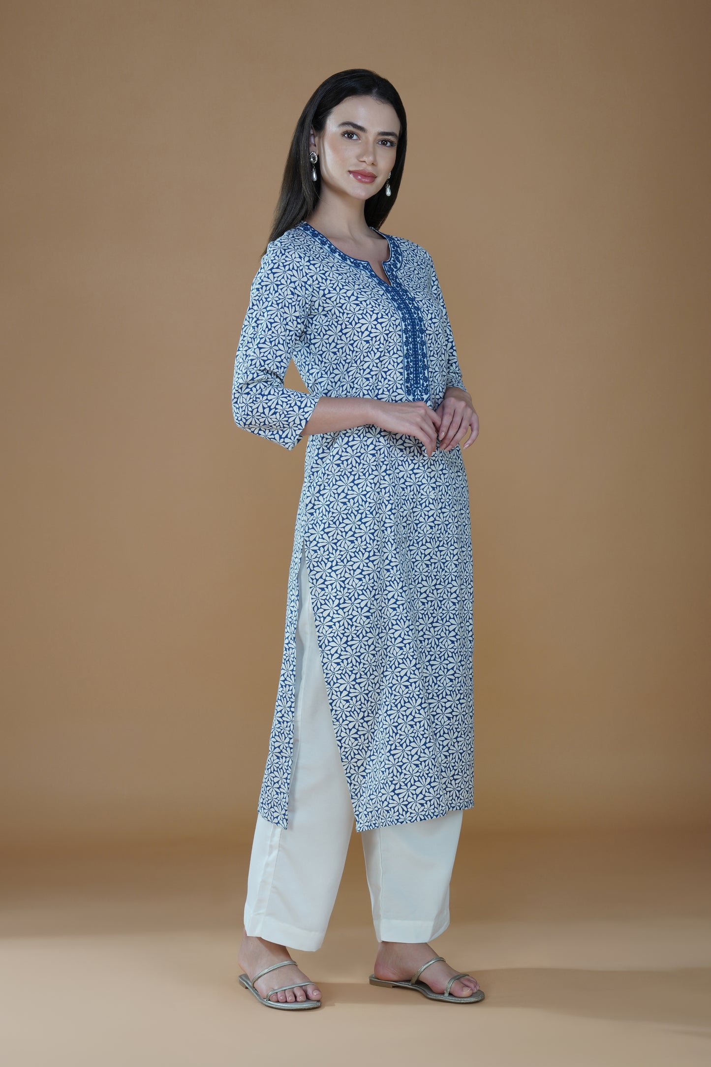 Indigo Cotton Kurti with Intricate Embroidery