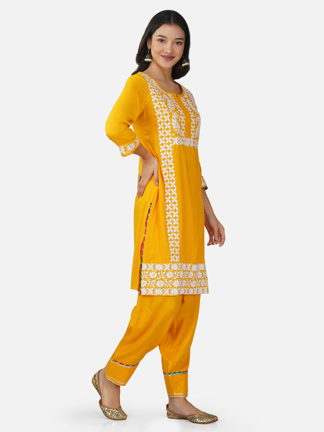 Golden Yellow Floral Chikankari Kurta Set