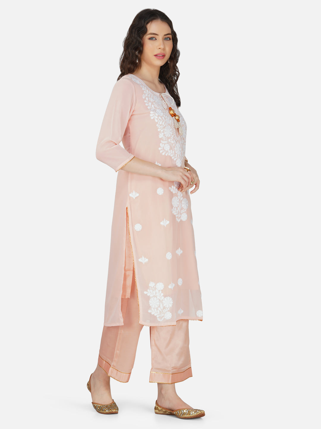 Peach Floral Lucknowi Chikankari Embroidered Kurta Set