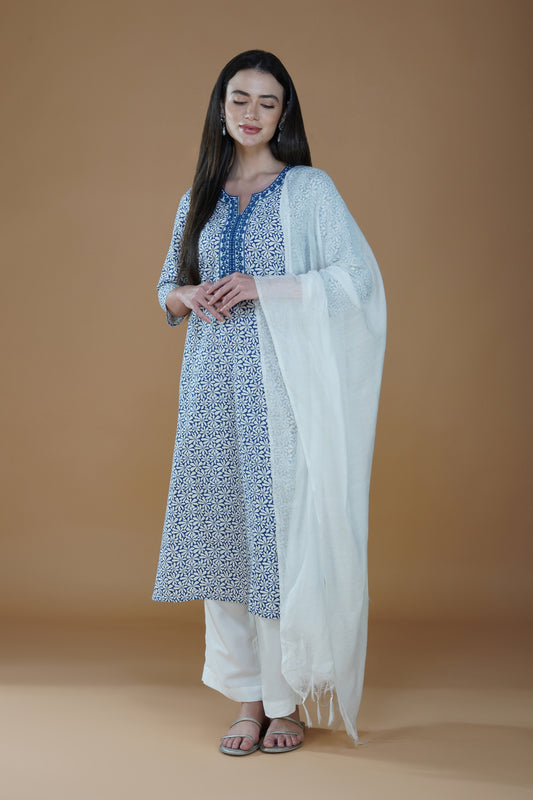 Indigo Cotton Kurti with Intricate Embroidery