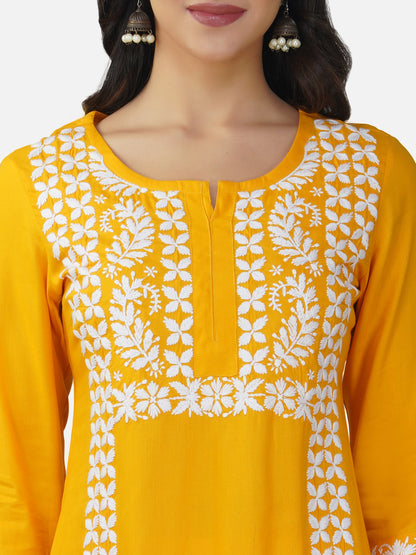 Golden Yellow Floral Chikankari Kurta Set